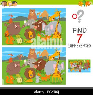 Cartoon Illustration de trouver sept différences entre jeu de puzzle d'images pour les enfants ayant des caractères des animaux Illustration de Vecteur