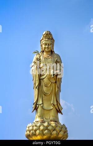 Statue en or de la déesse de la miséricorde guanyin ou guan yin debout sur le lotus sur fond de ciel bleu et de la religion bouddhiste. concept. Banque D'Images