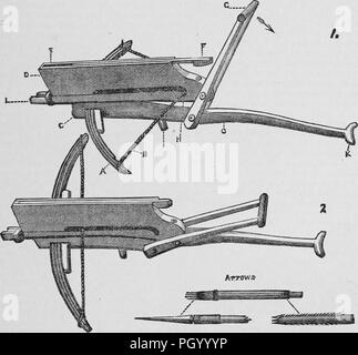 Tirage d'époque en noir et blanc, représentant un chinois, répétant le bambou arbalète, avant et après un levier est tiré d'abandonner les flèches dans l'endroit, avec une vue de l'associé les flèches dans le coin inférieur droit, publié dans le volume de bois John George 'Les Barbares de courses hommes dans tous les pays du monde, d'être un compte rendu exhaustif de leurs habitudes et de leurs coutumes, et de leur développement physique, social, mental, moral et religieux des', 1877. Avec la permission de Internet Archive. () Banque D'Images