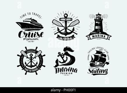 Port de plaisance, la voile, le logo de croisière ou l'étiquette. Thèmes marins, ensemble d'emblèmes. Vector Illustration de Vecteur