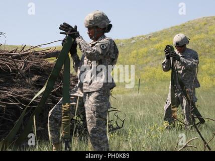 Le caporal de l'armée américaine Savanah Valentine et le sergent. Billy Williams, de la 137e compagnie de transport, de la Garde nationale du Kansas, roulez les sangles à cliquet pendant la Golden Coyote dans Red Shirt, S.D., 15 juin 2018. Le Coyote d'or l'exercice est un trois-phase, axée sur des mises en exercice mené dans les Black Hills du Dakota du Sud et le Wyoming, qui permet de se concentrer sur les commandants de mission besoins essentiels concernant la tâche, les tâches et les exercices de combat guerrier. Banque D'Images