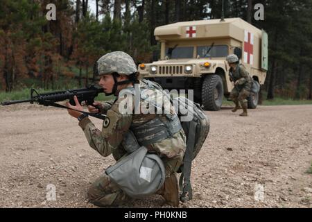 Des soldats américains de la compagnie médicale 1077th (Ambulance), Kansas Army National Guard, assurer la sécurité lors d'un événement de formation un grand nombre de blessés à l'appui de Coyote d'or, Custer State Park, S.D., 16 juin 2018. Le Coyote d'or l'exercice est un trois-phase, axée sur des mises en exercice mené dans les Black Hills du Dakota du Sud et le Wyoming, qui permet de se concentrer sur les commandants de mission besoins essentiels concernant la tâche, les tâches et les exercices de combat guerrier. Banque D'Images