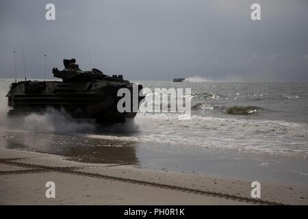 Un U.S. Marine AAV-P7/A1 Assault Amphibian véhicule avec la 22e Marine Expeditionary Unit sur terre PHIBRON Onslow Beach pendant l'intégration/MEU, Camp Lejeune, N.C., 18 juin, 2018. PMINT est une formation de deux semaines qui permet l'évolution des Marines et marins pour former comme une unité cohérente en vue de leur prochain déploiement. Banque D'Images