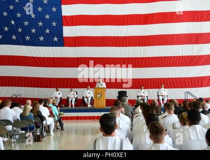 OAK Harbor, Washington (22 juin 2018) - Le Cmdr. L'Escadron de patrouille, Nathan Gammache (VP) 47 Commandant, donne la parole durant le VP-47 cérémonie de passation de commandement, le Naval Air Station Whidbey Island (NASWI). VP-47 est un escadron de patrouille maritime en ce moment stationné à NASWI. Le Golden sabreurs battre le P-8A Poseidon, la première marine à long rayon d'action plate-forme-sous-marine. Banque D'Images