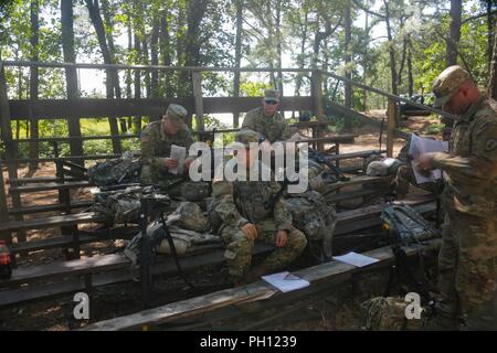 Concurrents dans le 20e d'armes chimiques, biologiques, radiologiques, nucléaires, explosif (CBRNE) Concours meilleur guerrier, se préparer à la navigation terrestre, à Fort Dix, New Jersey, le 20 juin 2018.La 20e concours meilleur guerrier CBRNE est un concours au niveau de la division qui identifie un soldat et un sous-officier à passer à la concurrence FORSCOM Meilleur guerrier de l'armée américaine. Banque D'Images