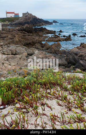Chapelle et point de vue de Boa Nova sur la côte rocheuse, depuis la plage d'Aterro. Leça de Palmeira, Portugal Banque D'Images