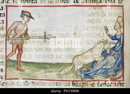 Flore de virtu e costumi (fleurs de la vertu et de la coutume) - 'Détail d'un dessin teinté d'une femme protégeant une licorne d'un chasseur." . Banque D'Images