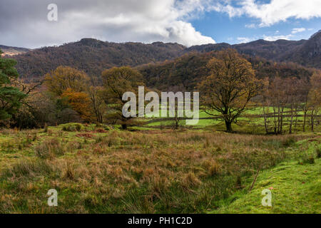 La vallée de Borrowdale avec grange est tombée au-delà dans le Parc National du Lake District, Cumbria, Angleterre. Banque D'Images