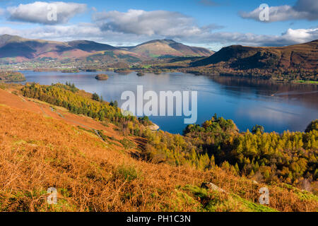 Avis de Derwent Water de la pente est de Catbells dans le Parc National du Lake District, Cumbria, Angleterre. Banque D'Images