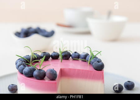 Les deux couleurs mini bleuets gâteau au fromage. Sans cuisson ronde cheesecake, partie découpée sur la petite plaque avec quelques cookies dans le focus. Haut de gâteau décorer Banque D'Images