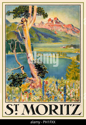 ST.MORITZ Vintage les années 1920 lithographie Voyage Poster St Moritz par Edward Stiefel . Saint-Moritz ( Sankt Moritz, San Murezzan, San Maurizio, Saint-Moritz ) est une station de ski alpin populaire dans l'Engadine en Suisse, à une altitude d'environ 1 800 mètres (5 910 pieds) au-dessus du niveau de la mer. C'est le principal village de la haute-Engadine et une commune du district de Maloja dans le canton suisse des Grisons. Banque D'Images