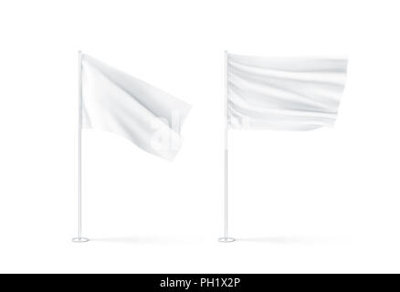 Brandissant des drapeaux blancs, maquette 3d rendnering. Ce fut une claire conception de mât des maquettes. Pôle avec bannière sur le vent. Stigmatiser d'affaires pennon en tissu. Nettoyer Banque D'Images