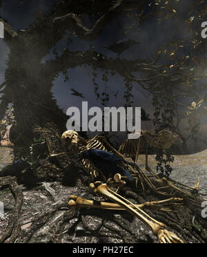 Attendez de la mort,deux squelette humain sous l'arbre sur scary nuit sombre,3d illustration pour l'illustration de livres ou de couverture de livre Banque D'Images