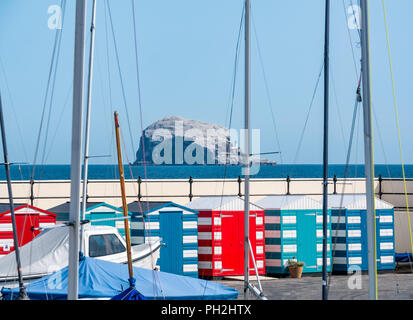 North Berwick, East Lothian, Scotland, UK, 30 août 2018. Météo France : un jour chaud et ensoleillé à la fin de l'été dans la ville balnéaire de North Berwick. Vue sur le port de North Berwick à rayures colorées avec de cabines et des bateaux à la recherche vers la Bass Rock, la plus grande colonie de fou de bassan. Masse de Bassan autour du Bass Rock. L'bassan seront prêts à partir dans un mois Banque D'Images