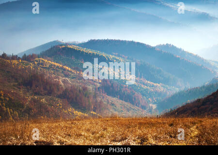 Libre de collines d'un smoky mountain range couvert de brume blanche et la forêt de feuillus sur une chaude journée d'automne en octobre. Carpates, Ukraine Banque D'Images