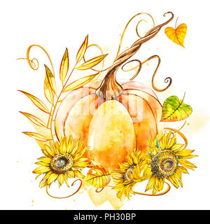 Potiron avec le tournesol. La main de l'aquarelle sur fond blanc. Illustration à l'aquarelle. Banque D'Images