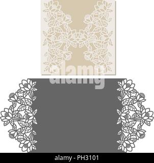 Coupe au laser modèle Enveloppe pour invitation mariage carte. Carte de vœux papier avec bordure en dentelle. Découper le gabarit pour la découpe. Illustration de Vecteur