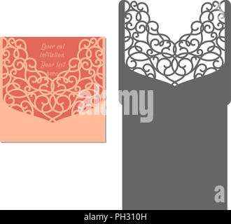 Coupe au laser modèle Enveloppe pour invitation mariage carte. Carte de vœux papier avec bordure en dentelle. Découper le gabarit pour la découpe. Illustration de Vecteur