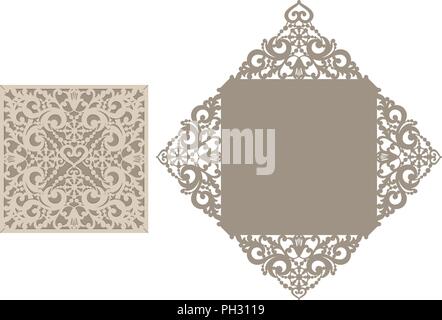 Coupe au laser modèle Enveloppe pour invitation mariage carte. Carte de vœux papier avec bordure en dentelle. Découper le gabarit pour la découpe. Illustration de Vecteur