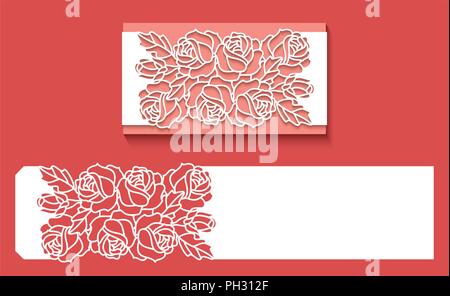 Coupe au laser modèle Enveloppe pour invitation mariage carte. Carte de vœux papier avec bordure en dentelle. Découper le gabarit pour la découpe. Illustration de Vecteur