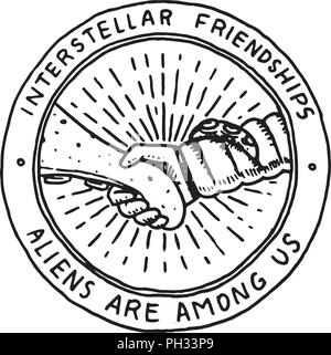Logo de l'espace. Rencontre avec un étranger ou d'alien extraterrestre. friendly poignée de main. Exploration de la galaxie astronomique. mission spaceman ou astronaute. Badge pour T-shirt. gravé à la main tatouage. Illustration de Vecteur