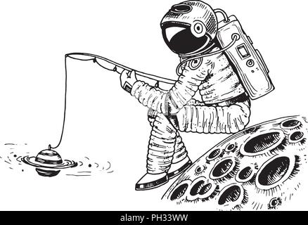 Spaceman astronaute avec une canne à pêche sur la lune astronomique. espace galaxy. Funny cosmonaut explorer aventure. gravés à la main dans de vieux croquis. Illustration de Vecteur