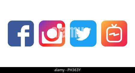 Istanbul, Turquie - 30 août 2018 : Collection de médias sociaux populaires logos imprimés sur papier blanc : Facebook, Twitter, Instagram et IGTV. Illustration de Vecteur