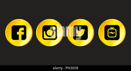 Istanbul, Turquie - 30 août 2018 : Collection de médias sociaux populaires or logos imprimés sur fond noir : Facebook, Twitter, Instagram et IGTV Illustration de Vecteur