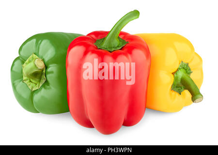 Trois poivrons colorés rouge, vert, jaune, paprika, chemin, isolé sur fond blanc, pleine profondeur de champ Banque D'Images