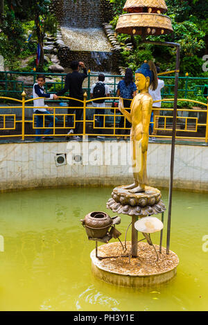 Katmandou, Népal - 15 juillet 2018 : statue en or de Bouddha et la paix mondiale de l étang à Monkey temple Swayambhunath Stupa, Katmandou, Népal. Les pièces sont Banque D'Images