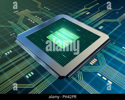 Processeur puissant sur une carte de circuits imprimés. 3D illustration. Banque D'Images