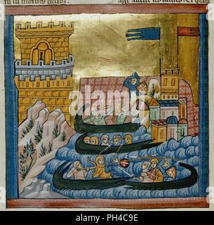 Livre des ansienes estoires Li - '(Miniature) f.136v. Bataille navale entre les flottes de Crète et Athènes, avec des troupes dans un navire à attaquer un château sur la rive." . Banque D'Images