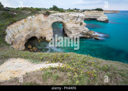 Les Faraglioni de Torre Sant'Andrea. Melendugno, province de Lecce, Pouilles, Salento, en Italie. Banque D'Images