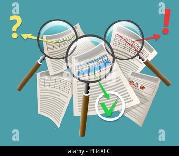 Analyse verre loupe feuille de papier. L'impôt d'audit, analyse des marchés financiers, rapport financier concept. Vector illustration. Illustration de Vecteur