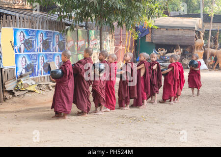 Jeunes moines sur leurs tours aumônes matin, Bagan, Myanmar Banque D'Images