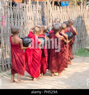 Jeunes moines sur leurs tours aumônes matin, Bagan, Myanmar Banque D'Images