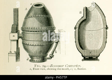 Cette illustration dates pour les années 1870 et montre un convertisseur Bessemer. Le sous-titre suivant : convertisseur Bessemer. En vue de face, montrant la bouche (c) ; B, section. Le Bessemer processus a été la première méthode découvert pour les produire de l'acier. Il a été nommé en l'honneur de Sir Henry Bessemer de l'Angleterre. Le navire, convertisseur, dans laquelle elle a eu lieu est indiqué ici. C'est un navire en forme d'œuf, d'environ 3,5 mètres de diamètre, en fer forgé, en deux parties et doublée en l'intérieur avec un revêtement épais infusible fabriqué à partir de briques au feu au sol et un certain type de grès. Les deux parties sont unies par des brides fortement bo Banque D'Images