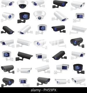 Caméra de sécurité CCTV. Grande collection de dispositifs de surveillance noir et blanc Illustration de Vecteur