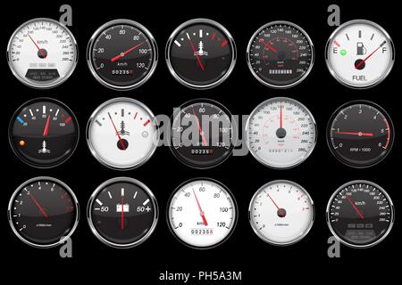 Les jauges de tableau de bord de voiture. Collection de vitesse, carburant, la température des périphériques sur fond noir Illustration de Vecteur