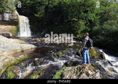 Un touriste se distingue et prend dans la vue sur la chute d'ofThornton vigueur Ingleton Cascade dans les Yorkshire Dales Banque D'Images