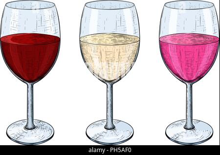 Verre de vin. Rouge, blanc et rosé. Croquis dessinés à la main, Illustration de Vecteur