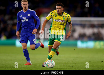 La ville de Norwich Ben Godfrey pendant la Coupe, Carabao deuxième tour au Cardiff City Stadium, Cardiff. Banque D'Images