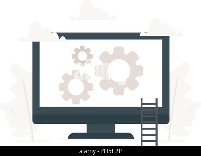 Vector illustration d'ordinateur avec trois grandes vitesses. Entretien, réglage de l'application, la définition des options, l'entretien, la réparation, la fixation des concepts d'ordinateur portable. Illustration de Vecteur