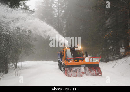 Fraiseuse à neige au travail le nettoyage d'un chemin forestier Banque D'Images