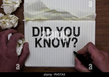 Écrit remarque montrant le saviez-vous question. Photo d'entreprise présentant des faits amusants et connaissances générales de l'information Chiffres Man holding marker notebook Banque D'Images
