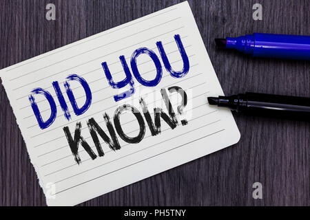 Écrit remarque montrant le saviez-vous question. Photo d'affaires mettant en vedette Faits et chiffres Connaissances générales de l'information Papier portable comm rappel Banque D'Images