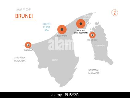 Vecteur stylisé Brunei carte montrant les grandes villes, la capitale Bandar Seri Begawan, les divisions administratives et les frontières du pays. Illustration de Vecteur