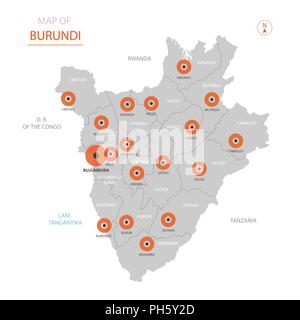 Vecteur stylisé Burundi carte montrant les grandes villes, la capitale Bujumbura, les divisions administratives et les frontières du pays Illustration de Vecteur