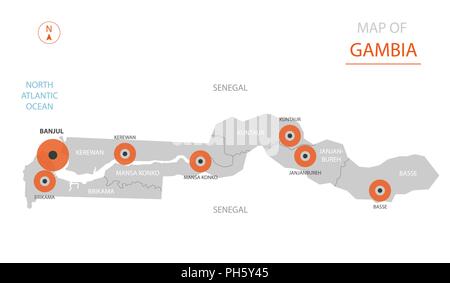 Vecteur stylisé Gambie carte montrant les grandes villes, la capitale Banjul, les divisions administratives et les frontières du pays Illustration de Vecteur