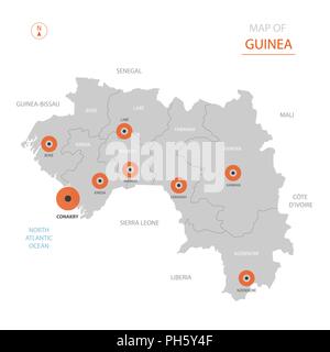 Vecteur stylisée la Guinée carte montrant les grandes villes, la capitale Conakry, les divisions administratives et les frontières du pays Illustration de Vecteur